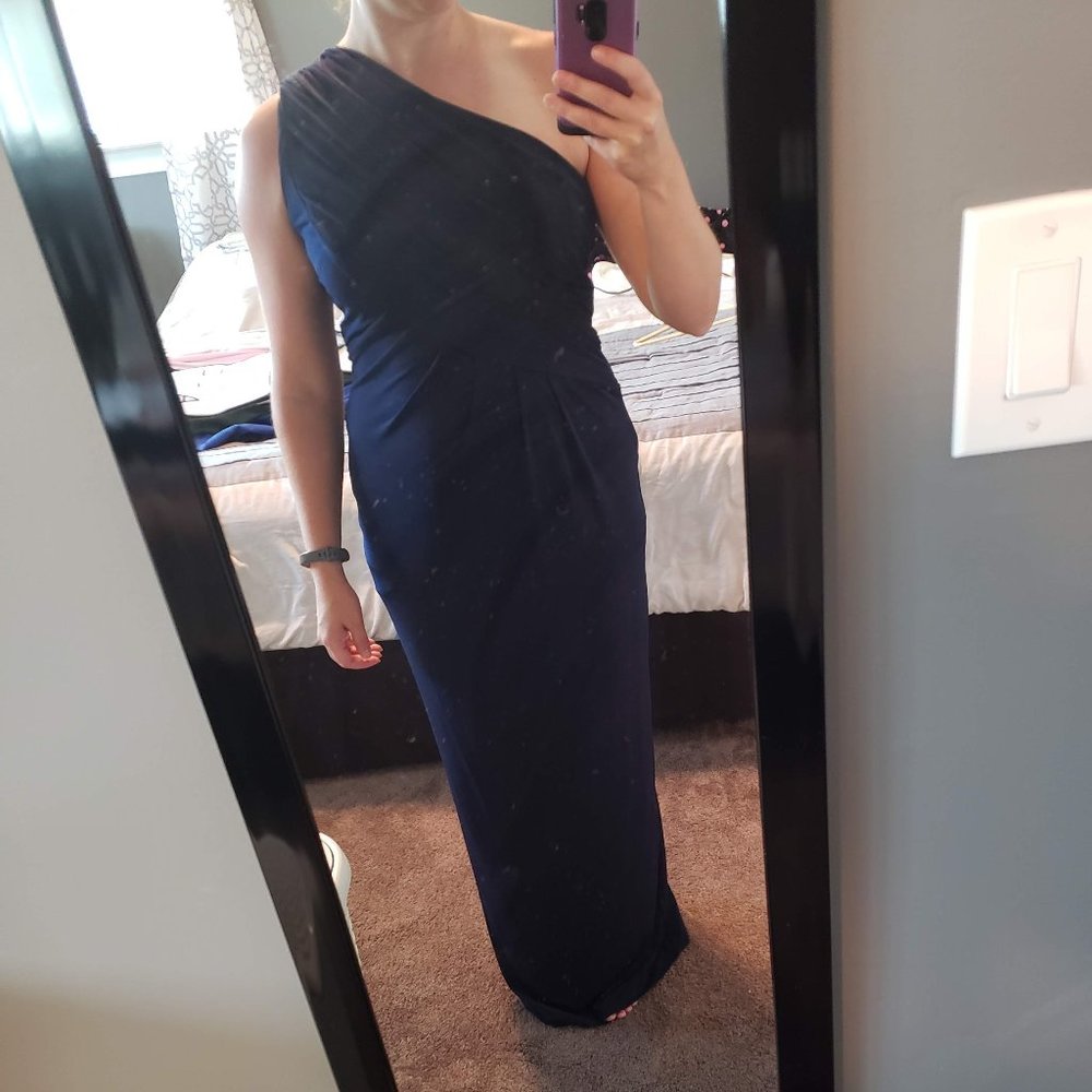 Clavin Klein One Shoulder Draped Navy Dress